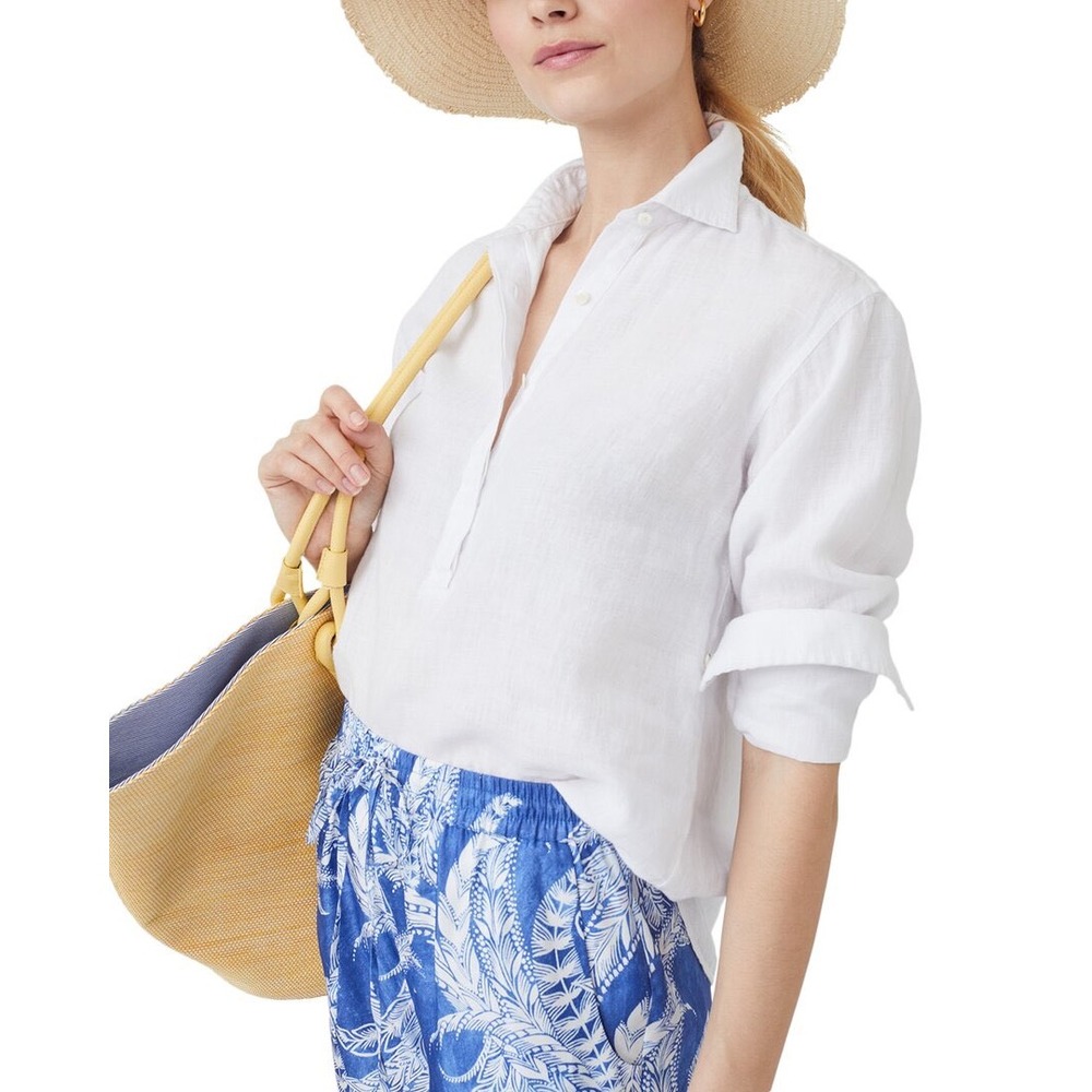 J.McLaughlin Lula Blouse Size M White Embroidered 100% Linen Popover Shirt NWT